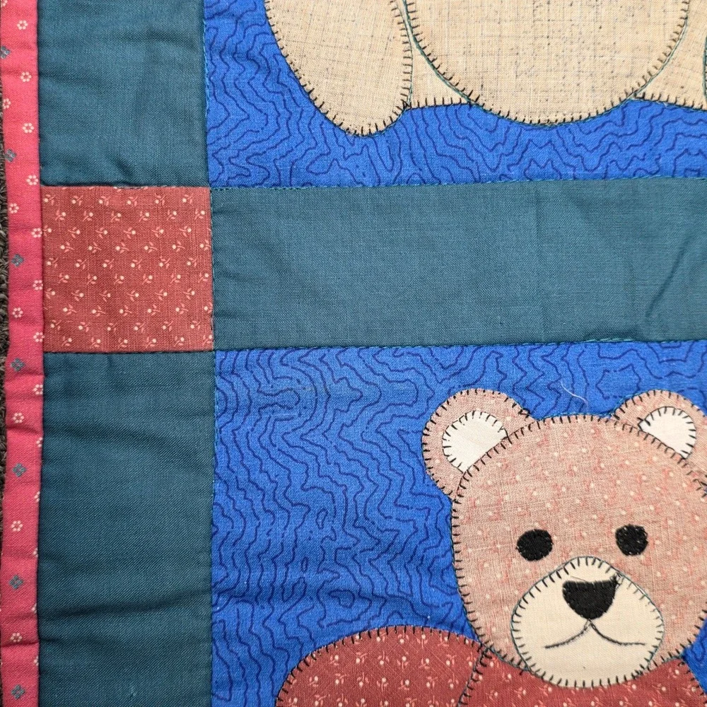 Handmade Teddy Bear Patchwork Quilt Wall Hanging Blue Teal Red Brown Nursery